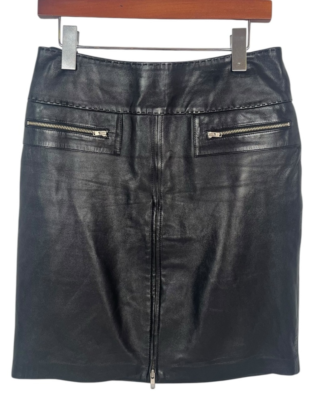 Cache 100% Leather Pencil Skirt Womens 4 Black Zip Accent Office Siren Baddie